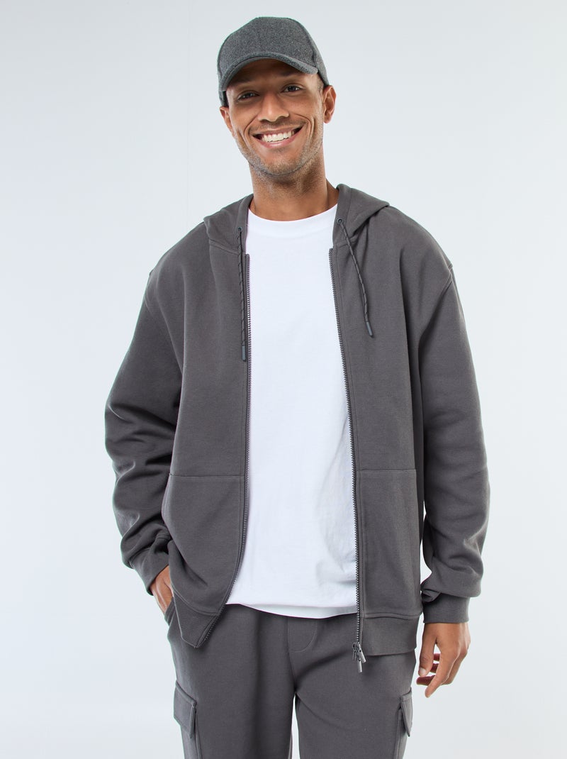 Sweat uni en maille piquée à capuche Gris - Kiabi