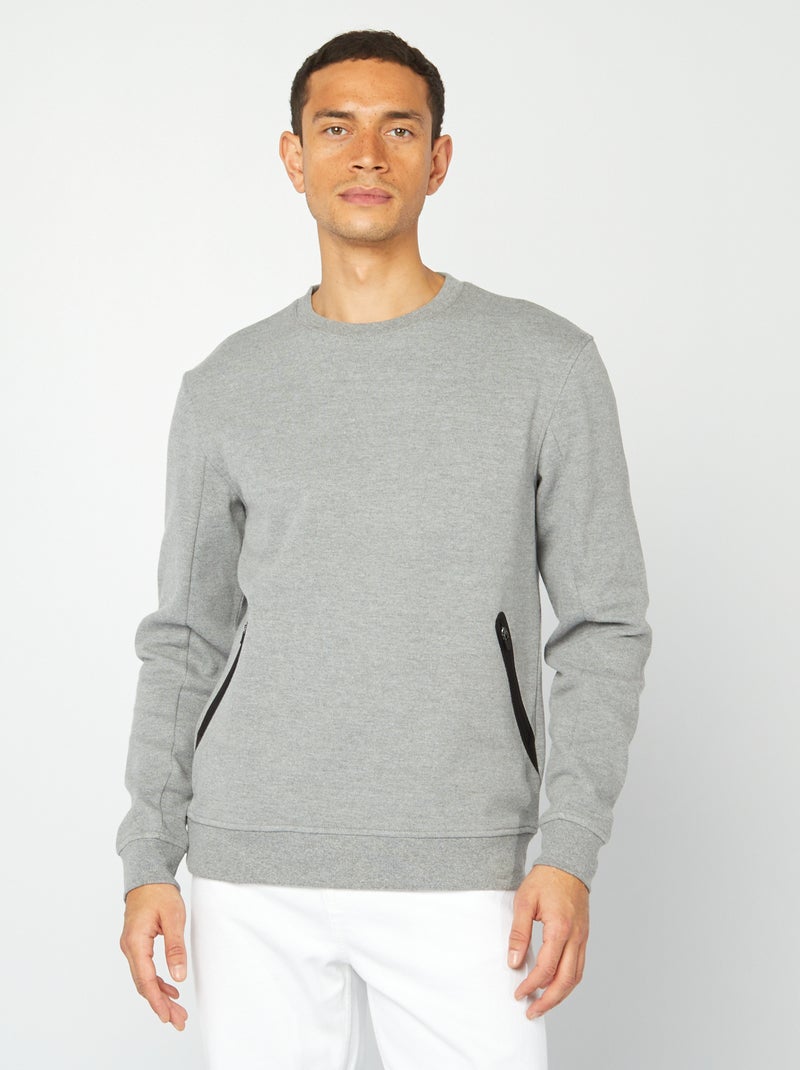 Sweat uni en maille piquée avec poches zippées Gris - Kiabi