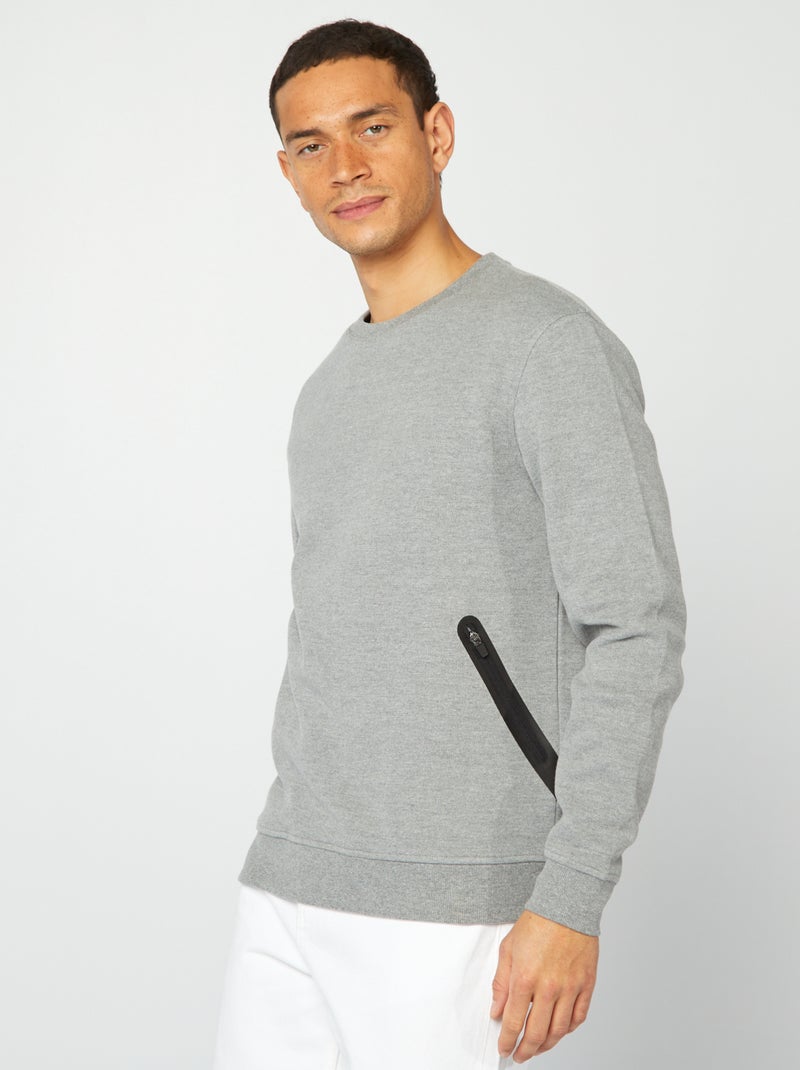 Sweat uni en maille piquée avec poches zippées Gris - Kiabi