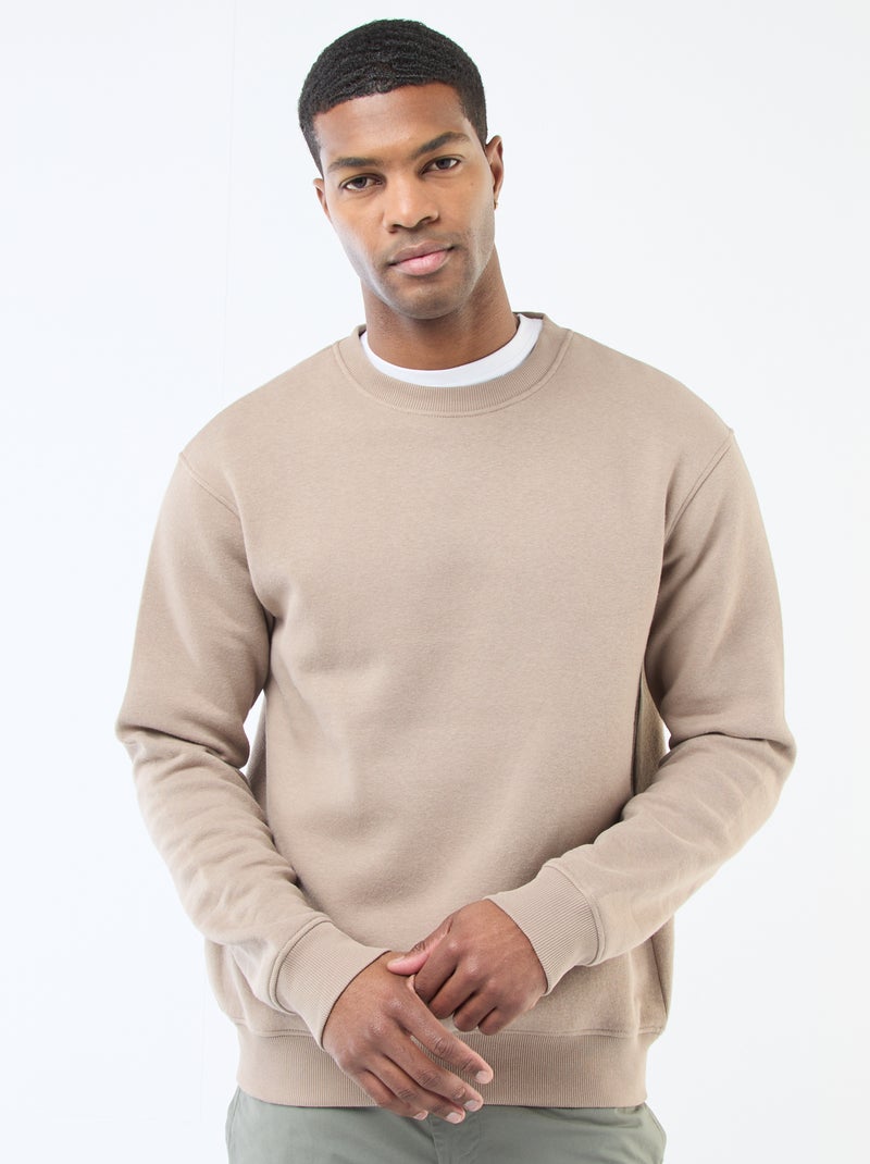 Sweat uni en molleton à col rond Beige - Kiabi