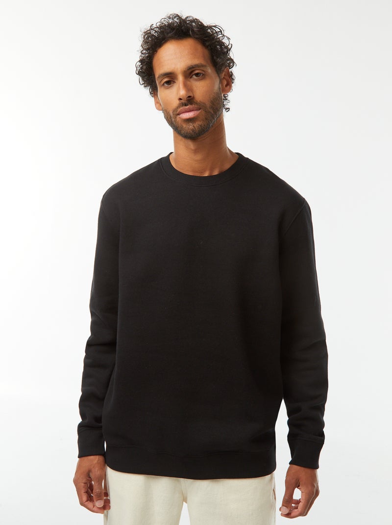 Sweat uni en molleton gratté à col rond noir - Kiabi