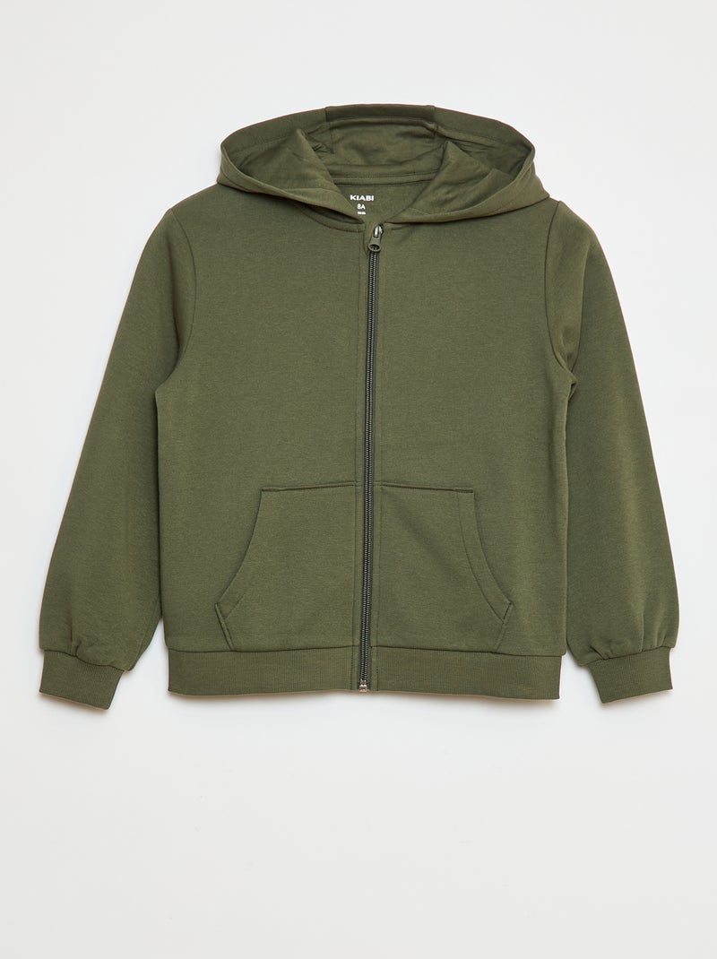 Sweat uni zippé à capuche Kaki - Kiabi