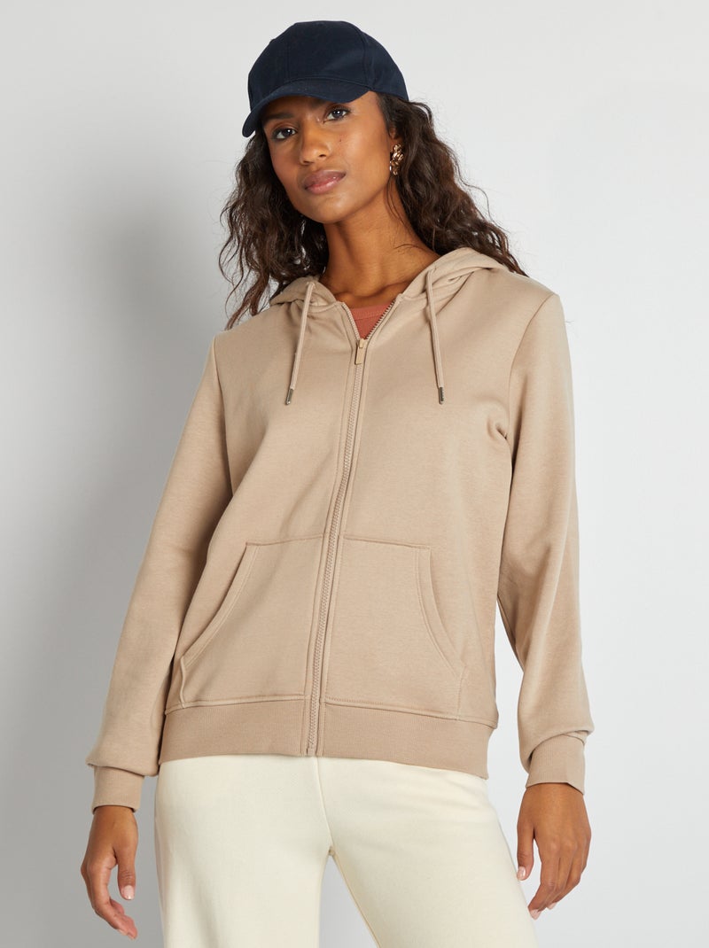 Sweat zippé à capuche beige - Kiabi