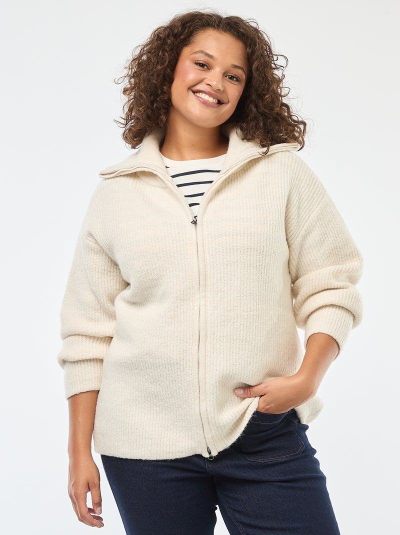 Sweat zippé à capuche en maille tricot Beige Grandes tailles