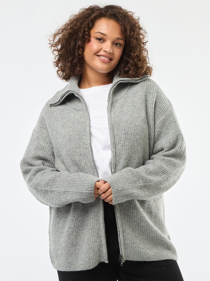 Sweat zippé à capuche en maille tricot Gris Grandes tailles