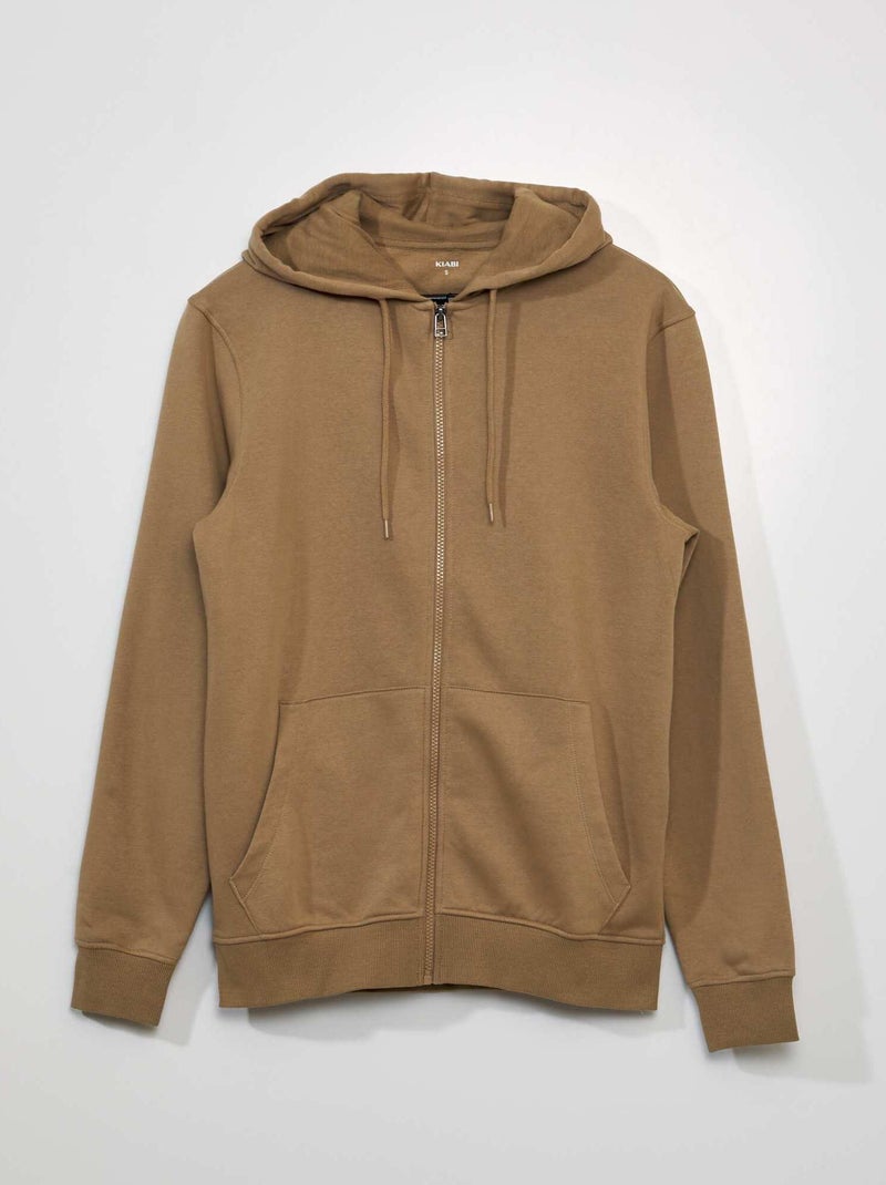 Sweat zippé à capuche en molleton uni beige - Kiabi