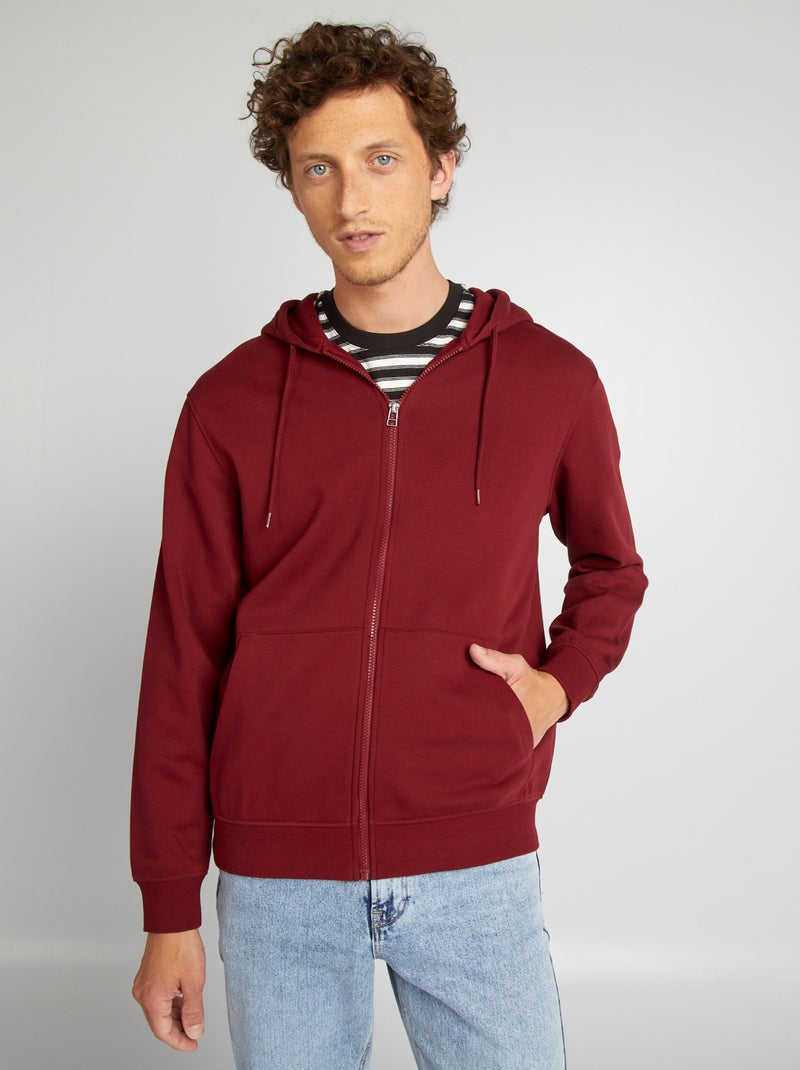 Sweat zippé à capuche en molleton uni Bordeaux - Kiabi