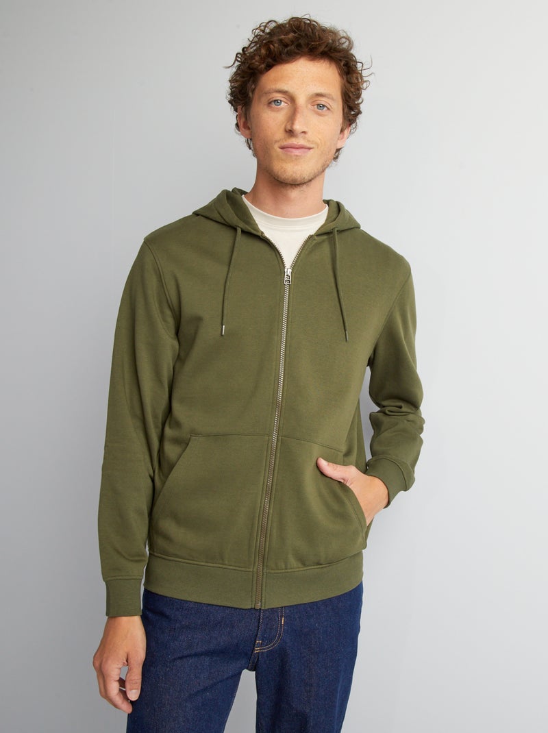 Sweat zippé à capuche en molleton uni Kaki - Kiabi