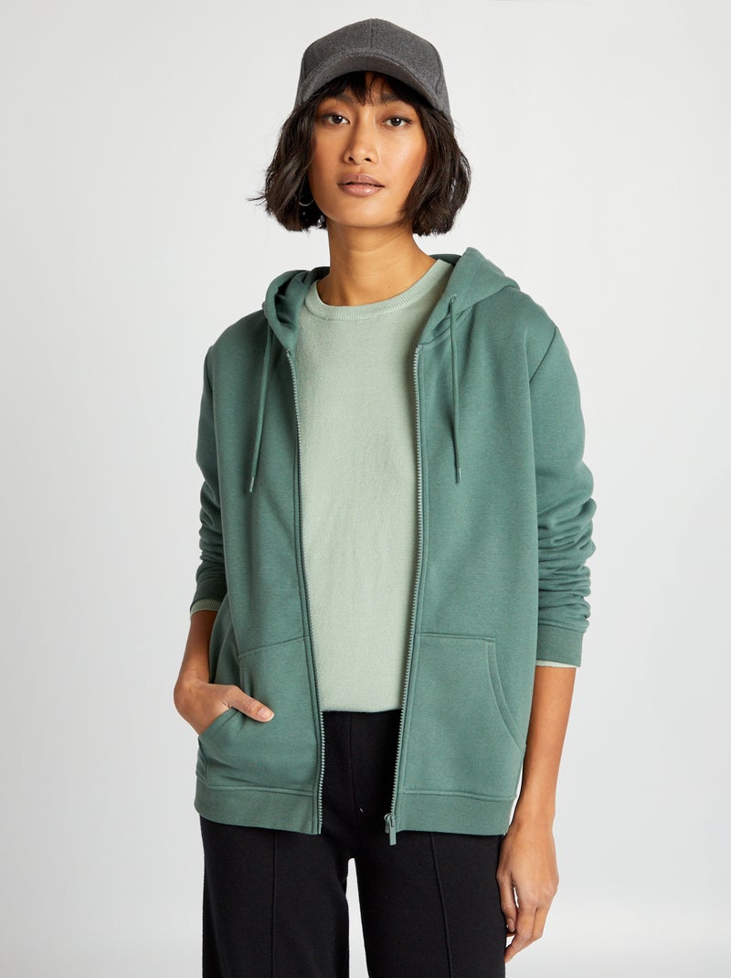 Sweat zippé à capuche vert grisé - Kiabi