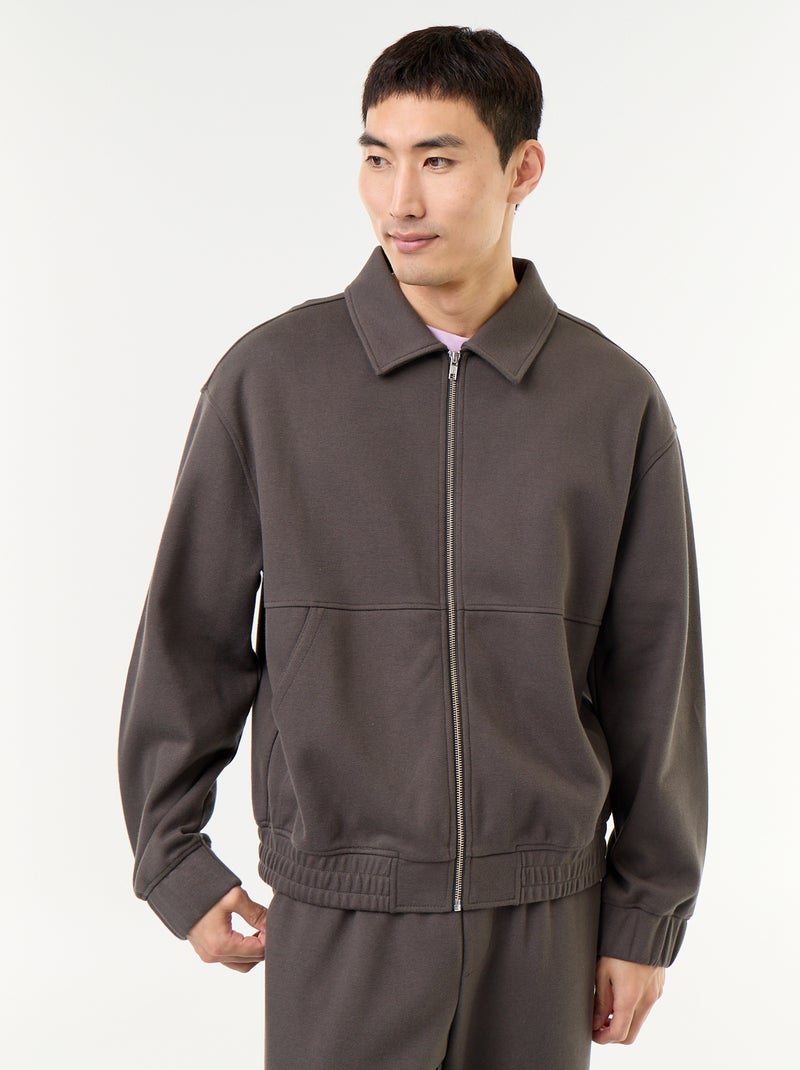 Sweat zippé avec col chemise Kaki - Kiabi