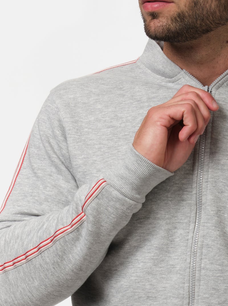 Sweat zippé , bande rouge sur les manches Gris - Kiabi