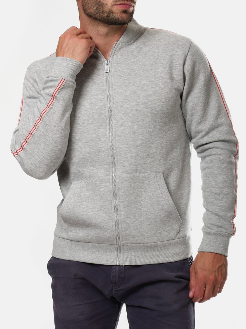 Sweat zippé , bande rouge sur les manches Gris - Kiabi