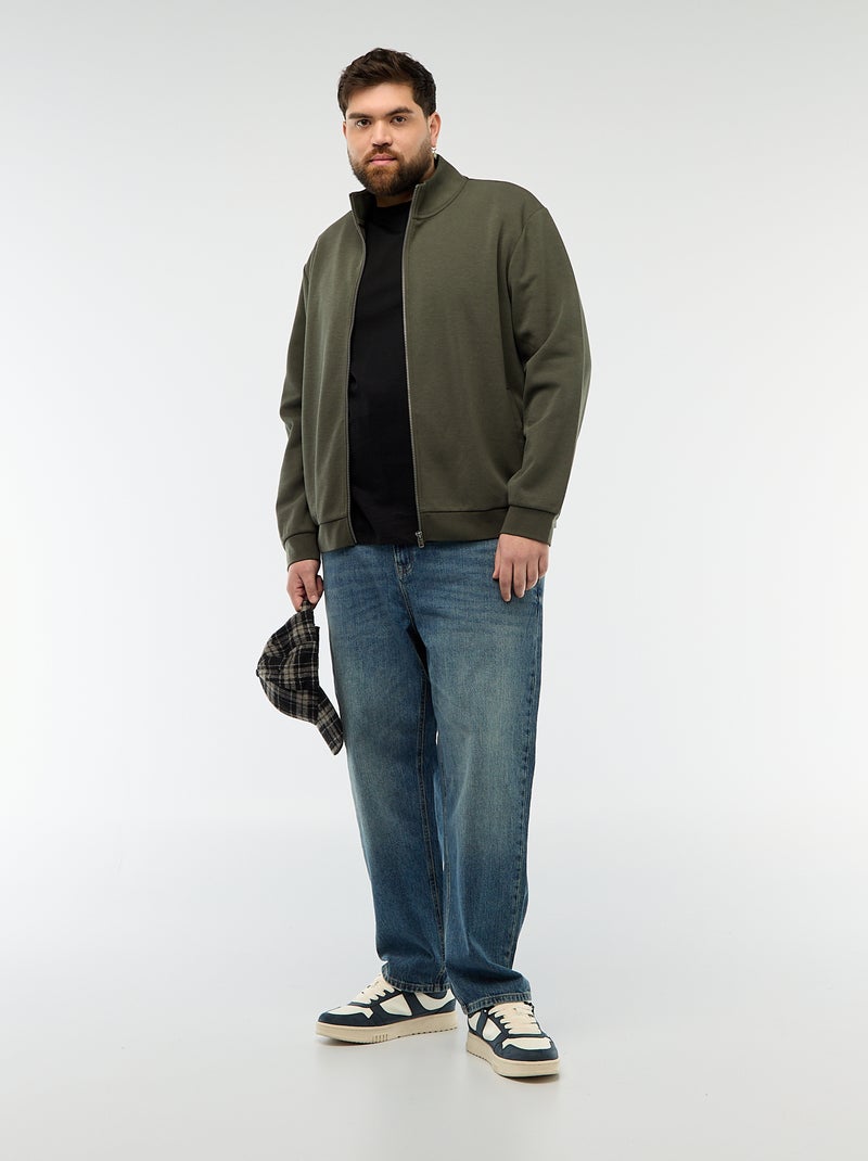 Sweat zippé col montant uni en coton Kaki - Kiabi