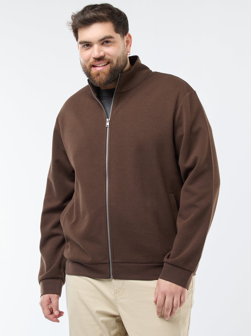 Sweat zippé col montant uni en coton Marron - Kiabi
