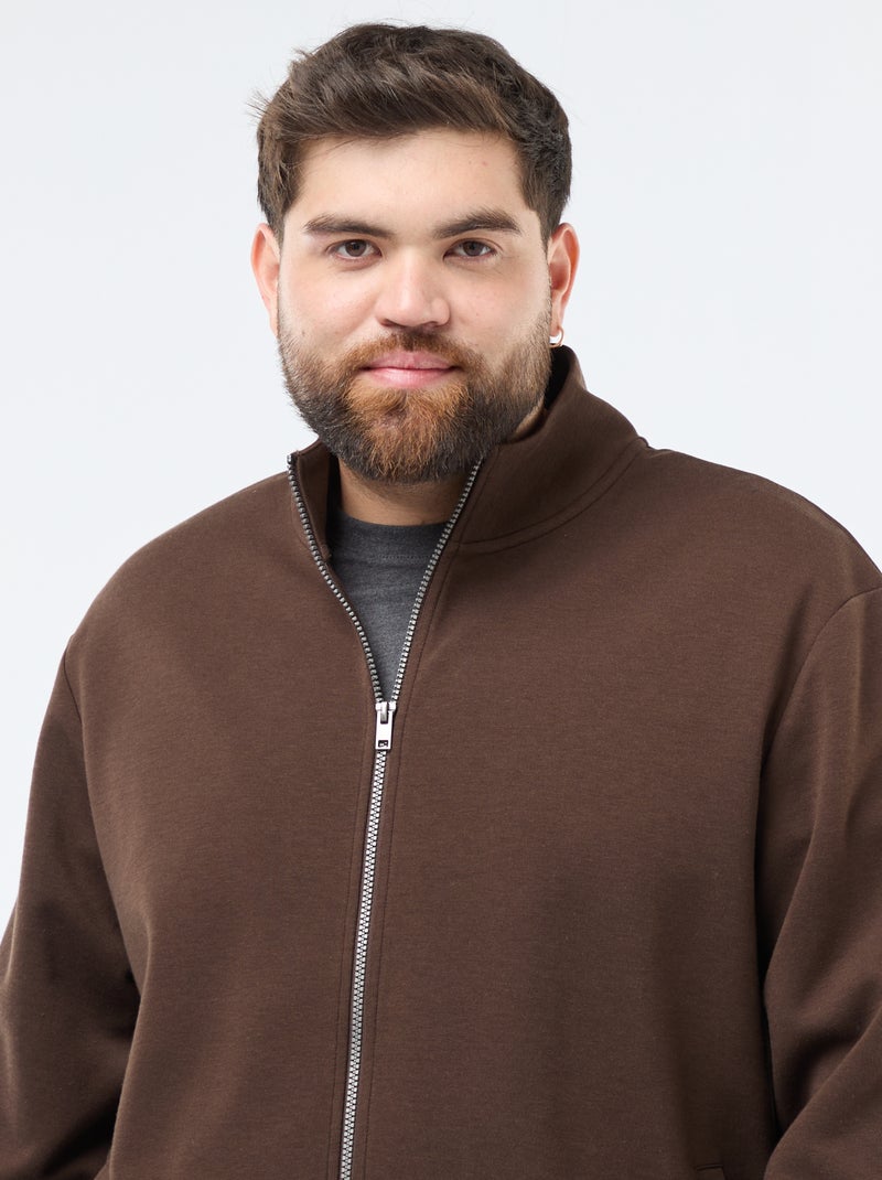 Sweat zippé col montant uni en coton Marron - Kiabi
