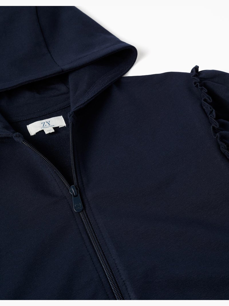 Sweat zippé en coton à capuche et volants Bleu foncé - Kiabi