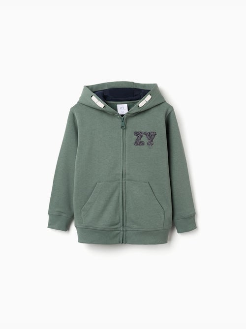 Sweat zippé en coton avec capuche et broderie en bouclettes zy - Kiabi Sweat zippé en coton avec capuche et broderie en bouclettes zy - Kiabi
