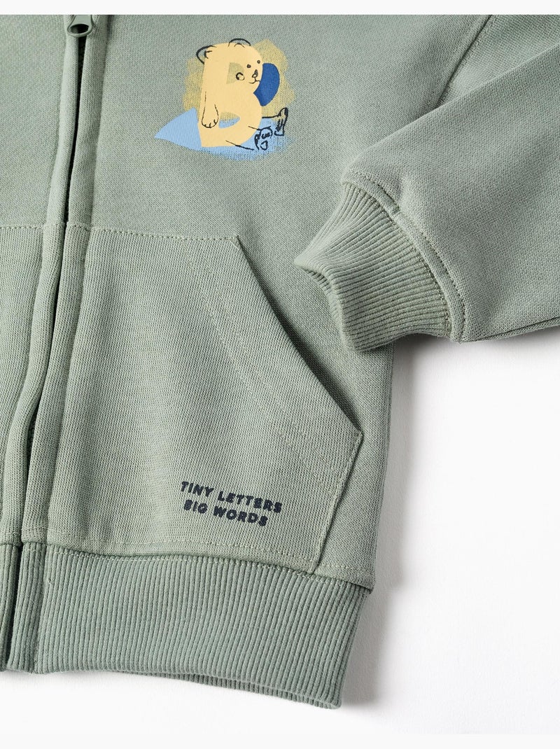 Sweat zippé en coton avec capuche et imprimé ours Vert - Kiabi