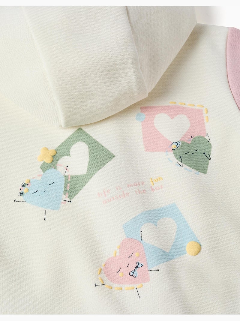 Sweat zippé en coton peigné à capuche avec imprimés cœurs Blanc - Kiabi