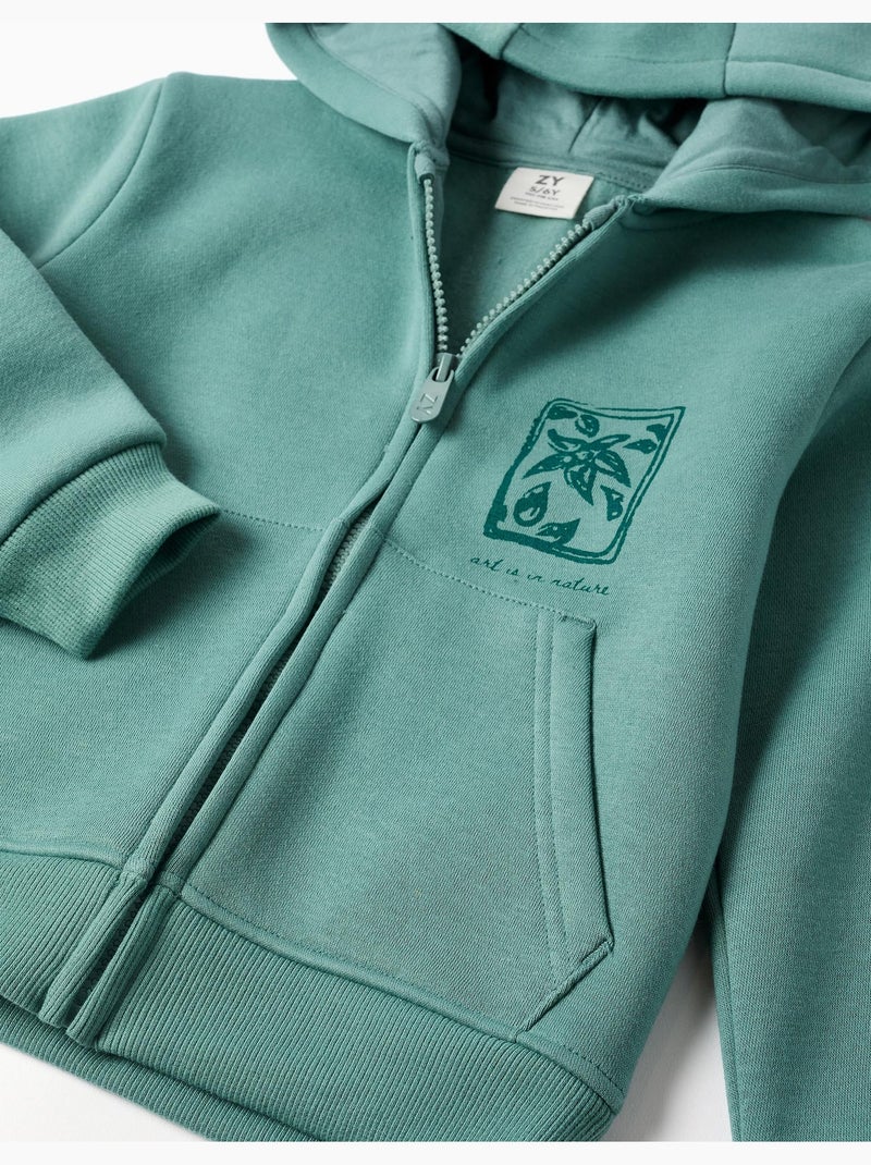 Sweat zippé en coton peigné à capuche avec imprimés floraux Vert clair - Kiabi