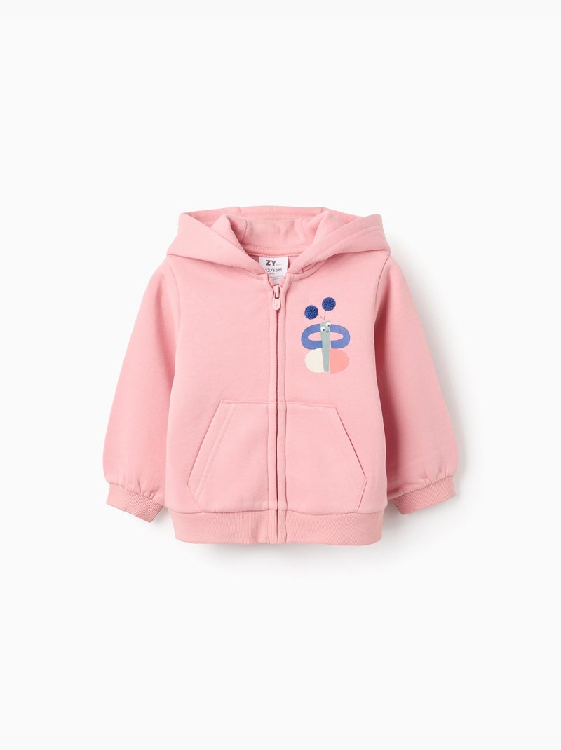 Sweat zippé en coton peigné à capuche et avec imprimé Rose