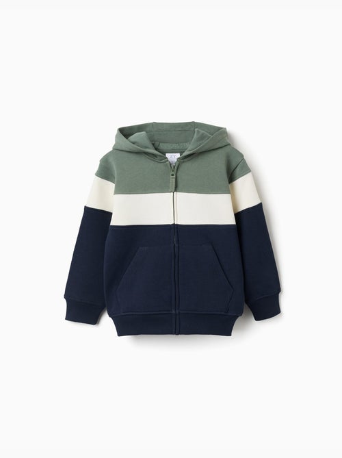 Sweat zippé en coton peigné à capuche et bloc de couleurs - Kiabi Sweat zippé en coton peigné à capuche et bloc de couleurs - Kiabi