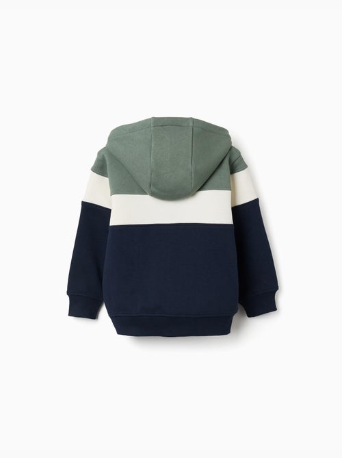 Sweat zippé en coton peigné à capuche et bloc de couleurs - Kiabi Sweat zippé en coton peigné à capuche et bloc de couleurs - Kiabi