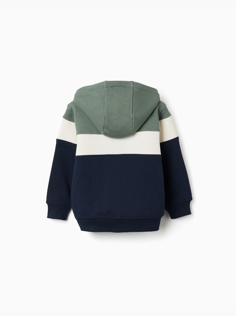 Sweat zippé en coton peigné à capuche et bloc de couleurs Vert foncé - Kiabi