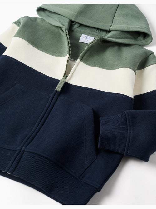 Sweat zippé en coton peigné à capuche et bloc de couleurs - Kiabi Sweat zippé en coton peigné à capuche et bloc de couleurs - Kiabi