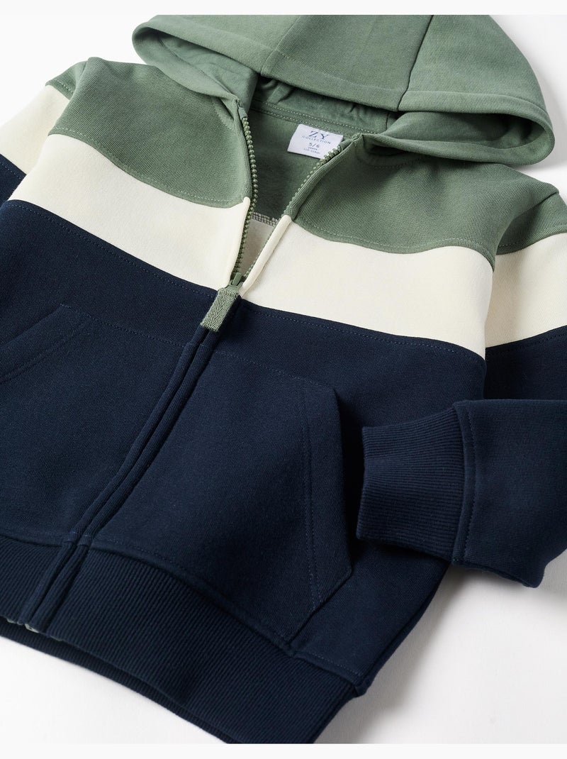 Sweat zippé en coton peigné à capuche et bloc de couleurs Vert foncé - Kiabi