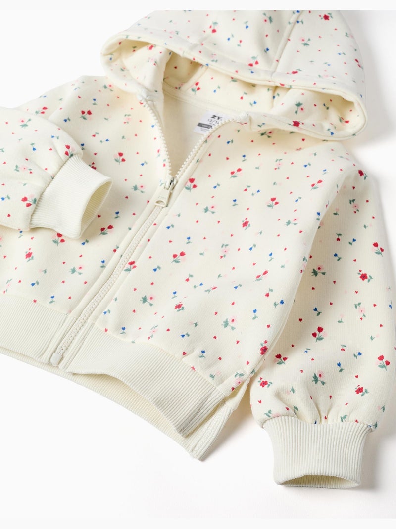 Sweat zippé en coton peigné à capuche et motif floral Blanc - Kiabi