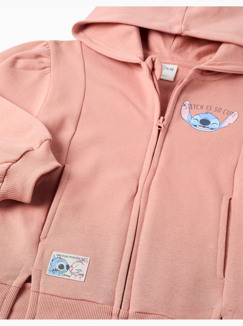 Sweat zippé en coton peigné en molleton avec capuche et imprimés Stitch Rose - Kiabi