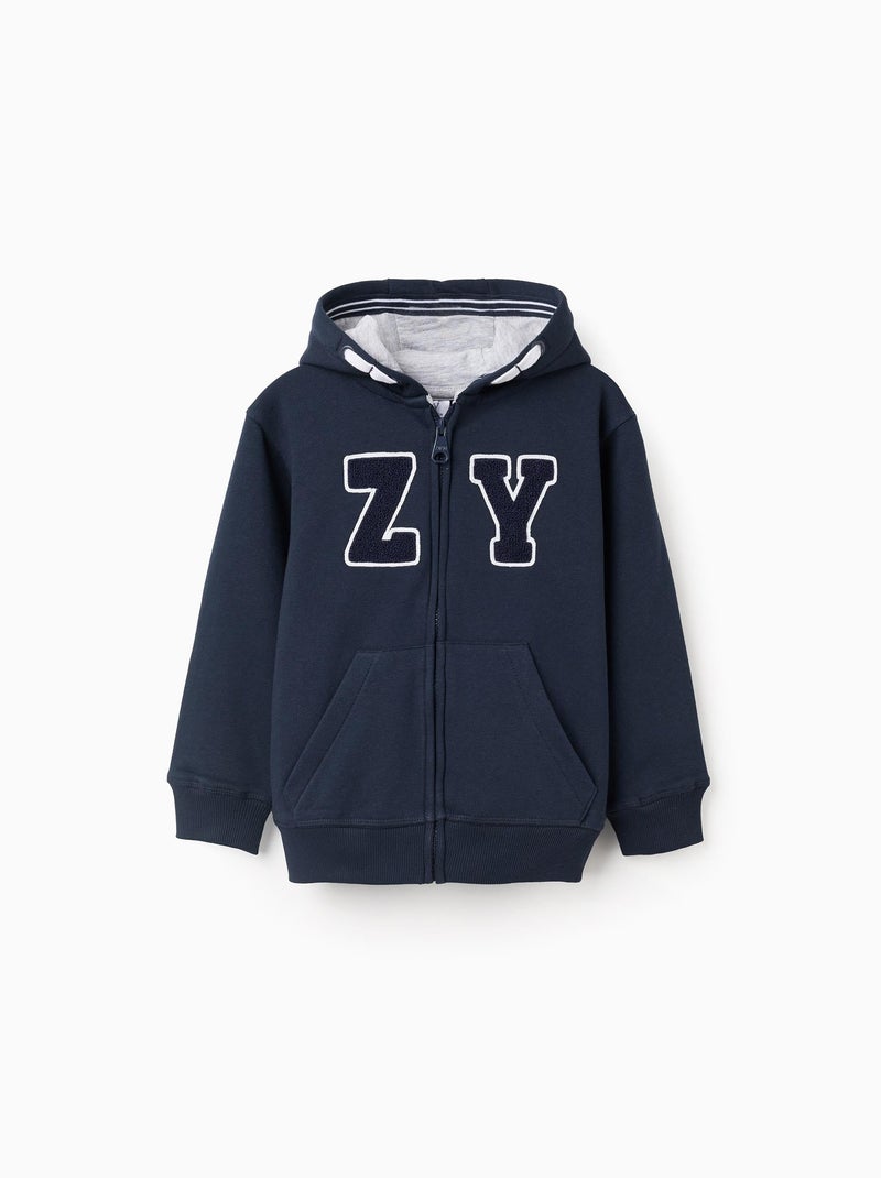 Sweat Zippé en coton polyester peigné à capuche ZY Bleu foncé - Kiabi