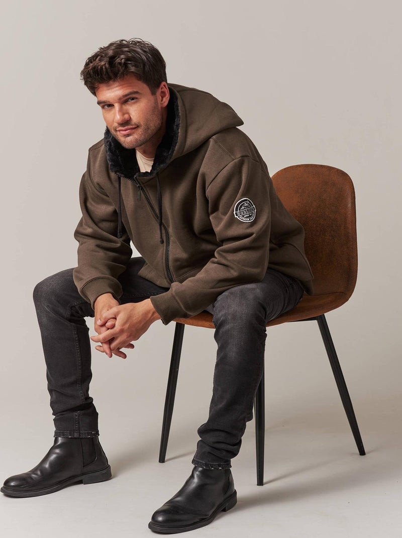 Sweat zippé en imitation fourrure et coton molletoné pour homme 'Deeluxe' Marron chocolat - Kiabi