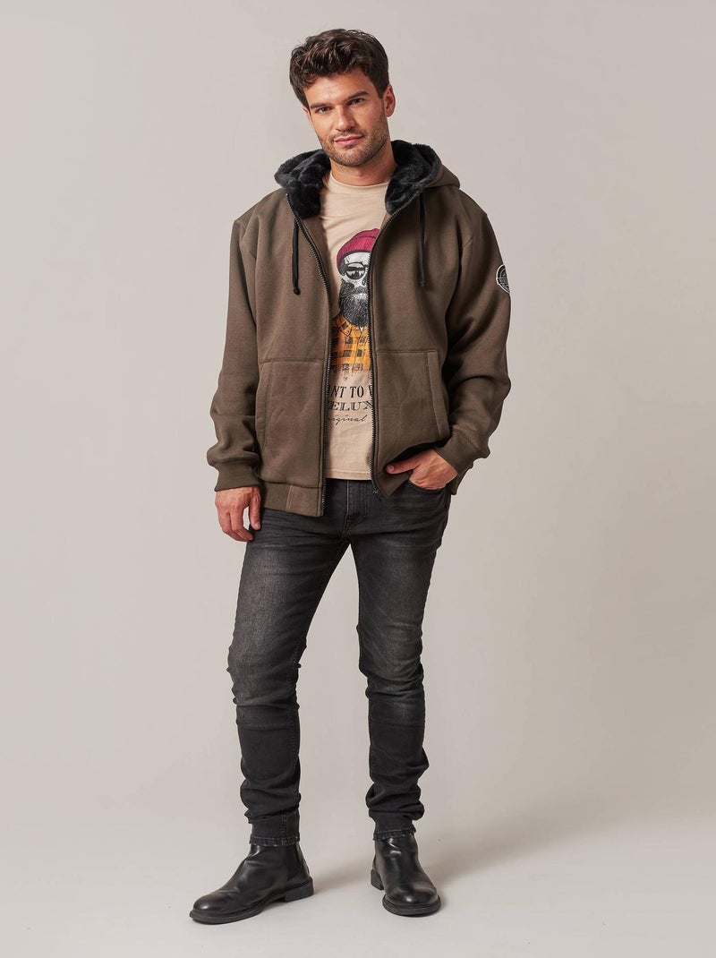 Sweat zippé en imitation fourrure et coton molletoné pour homme 'Deeluxe' Marron chocolat - Kiabi