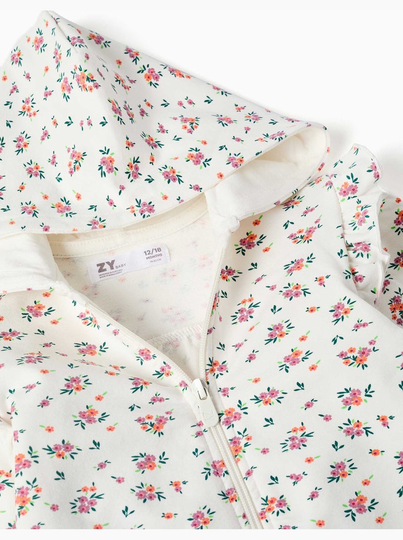 Sweat zippé en molleton à capuche avec motif floral Beige clair - Kiabi