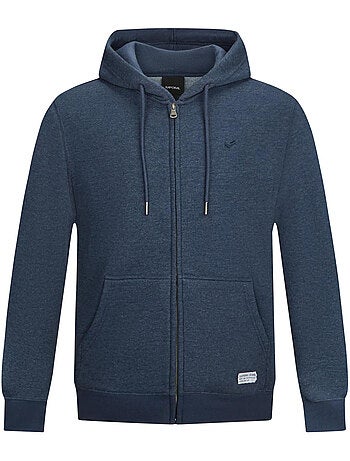 Sweat zippé marine uni à capuche ajustable et avec une coupe droite