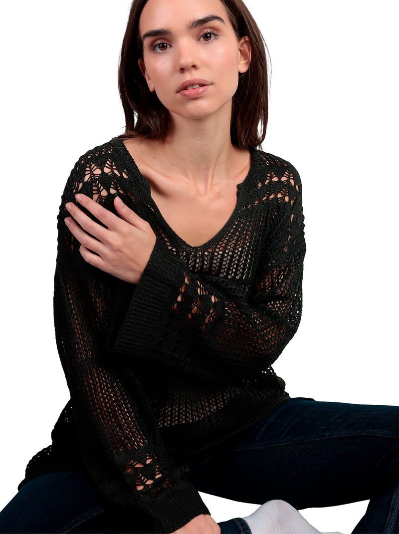Sweater manches longues Crochet Noir - Kiabi
