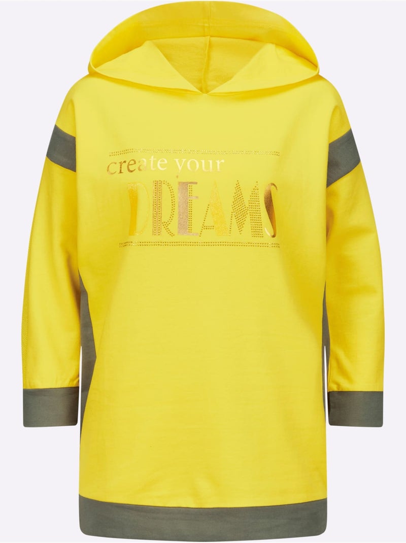 Sweatshirt à capuche avec manches 3/4 et motifs brillants - Taille standard - Moda Vilona Vert kaki - Kiabi
