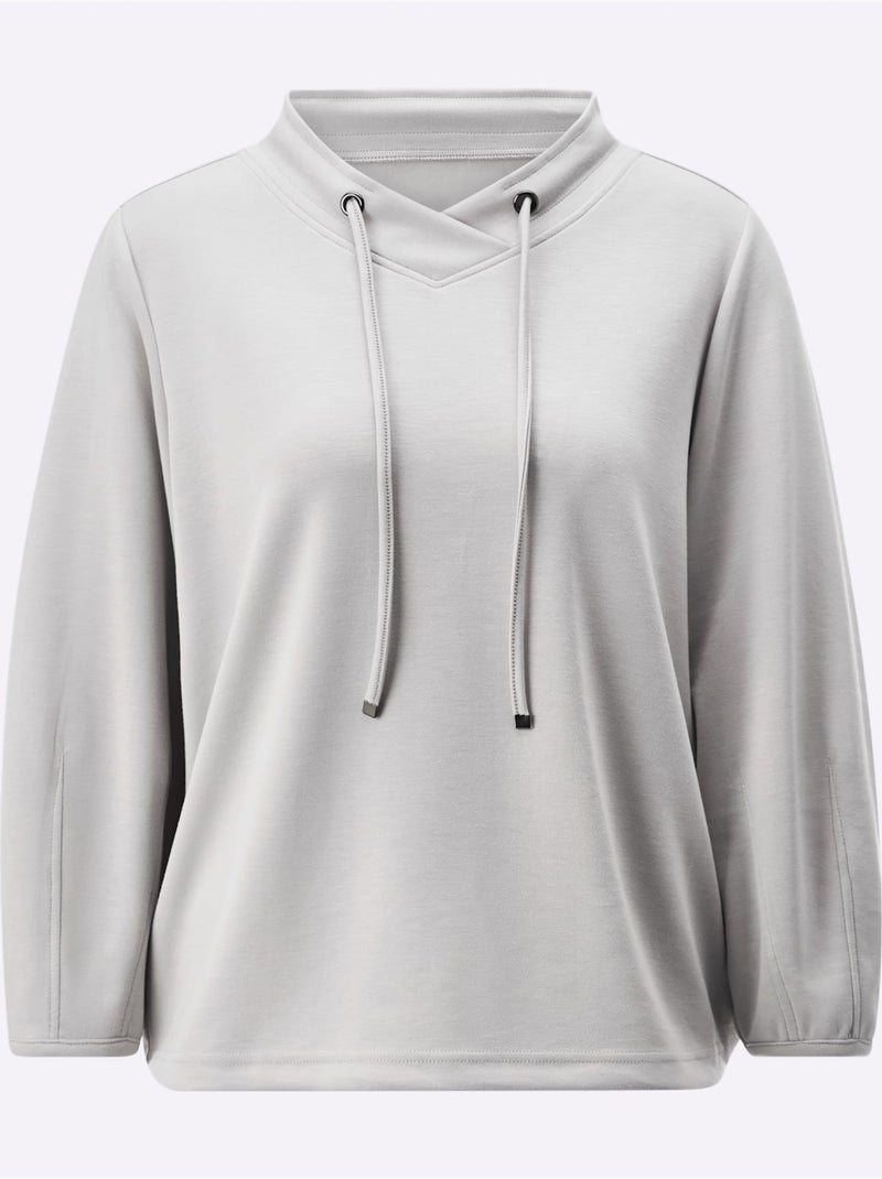 Sweatshirt à capuche en mélange de modal avec manches trois quarts - Taille standard - Helline Gris clair - Kiabi
