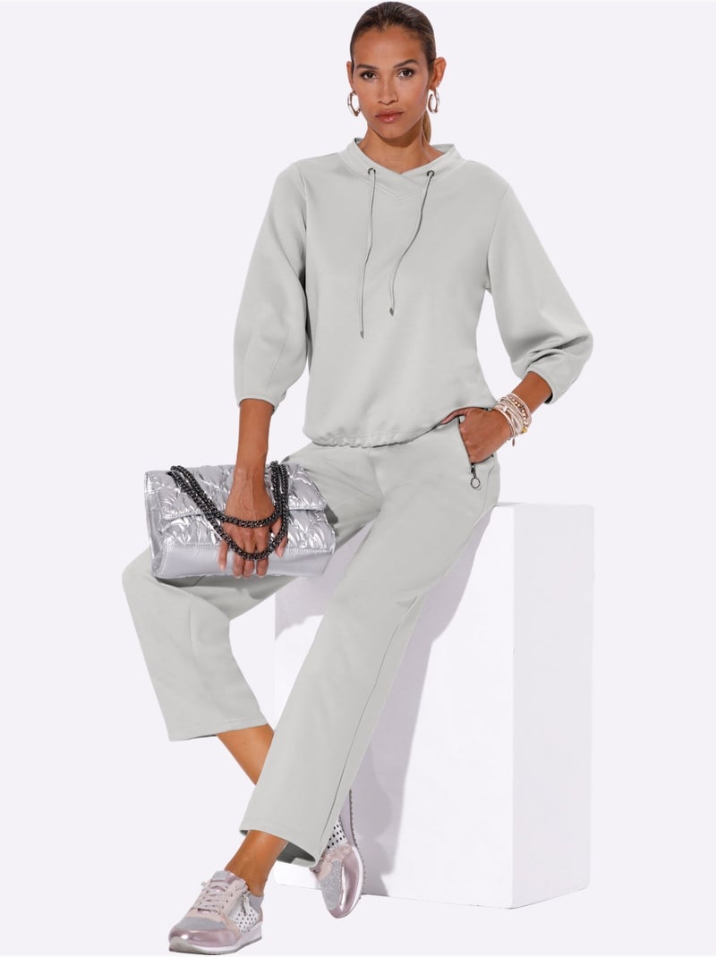 Sweatshirt à capuche en mélange de modal avec manches trois quarts - Taille standard - Helline Gris clair - Kiabi