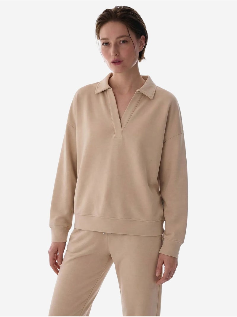 Sweatshirt à col polo en modal penti Beige argile - Kiabi
