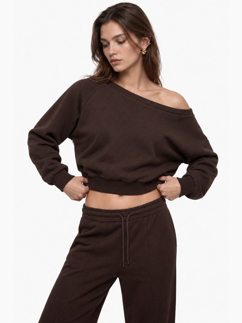 Sweatshirt à manches longues et col bateau asymétrique hiccup Marron chocolat - Kiabi