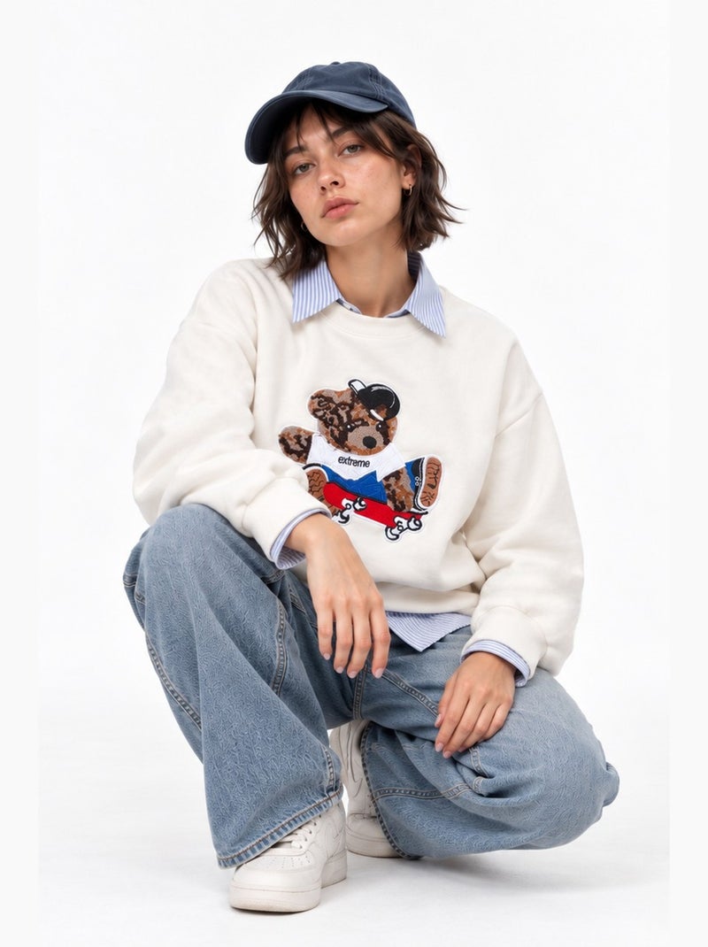 Sweatshirt brodé à col rond et manches longues hiccup Blanc cassé - Kiabi