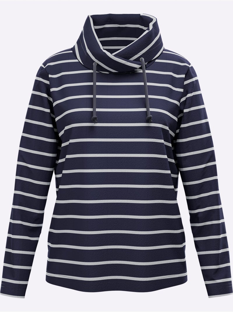 Sweatshirt Col Avec Coulisse Et Lien à Nouer - Taille Standard - Moda Vilona Ecru/Marine - Kiabi