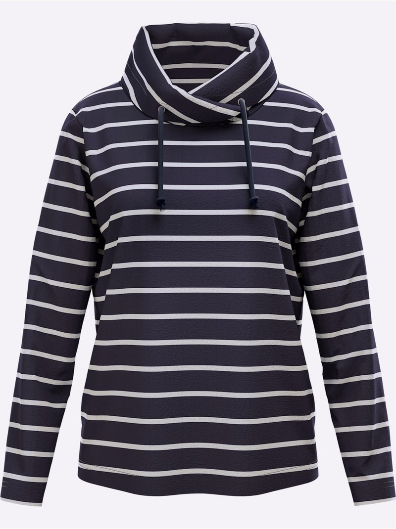 Sweatshirt Col Avec Coulisse Et Lien à Nouer - Taille Standard - Moda Vilona Ecru/Marine - Kiabi