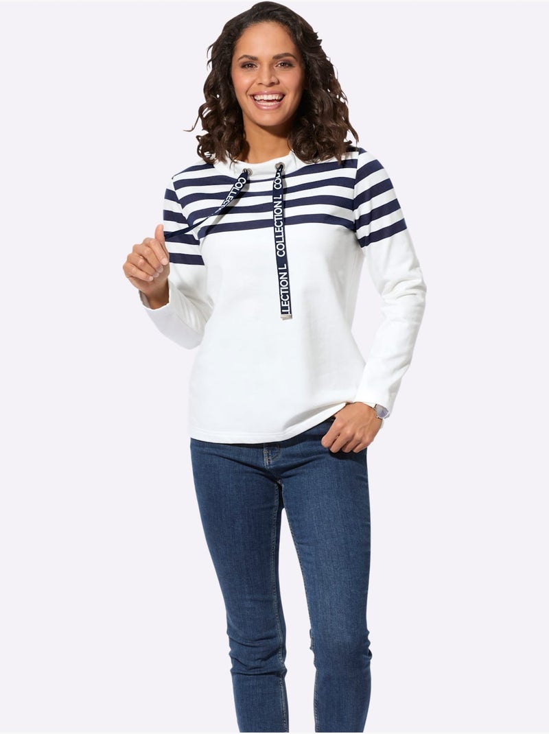 Sweatshirt coton avec rayures horizontales sur les épaules et les manches - taille standard - witt Bleu Ecru - Kiabi
