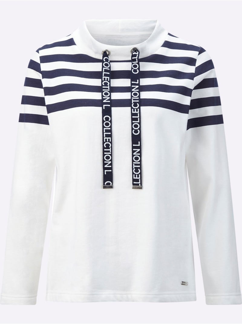 Sweatshirt coton avec rayures horizontales sur les épaules et les manches - taille standard - witt Bleu Ecru - Kiabi