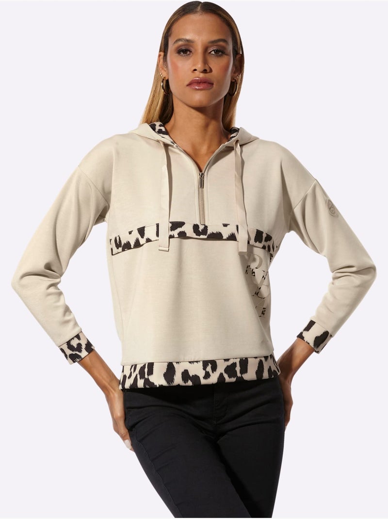 Sweatshirt Détails Léopard Décoratifs - Taille Standard - Helline Beige/Noir - Kiabi