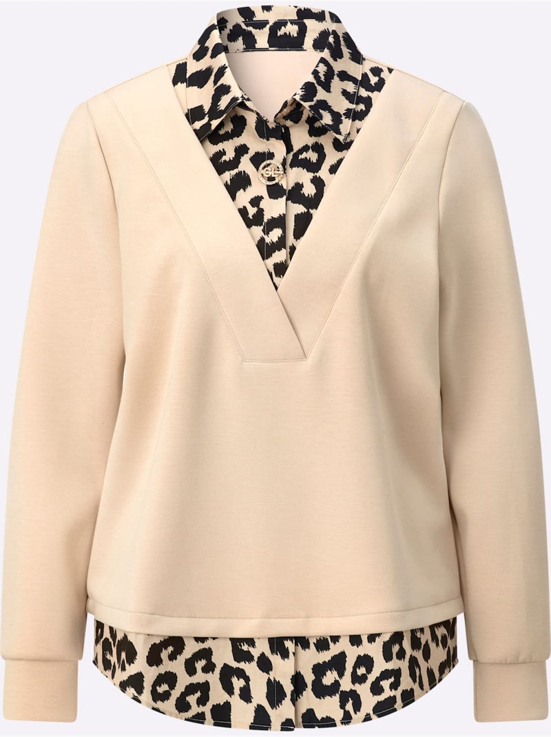 Sweatshirt Détails Léopard Décoratifs - Taille Standard - Helline Beige/Noir - Kiabi